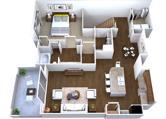 Floor plan for 1 bed, 1 bath, 1052 sqft